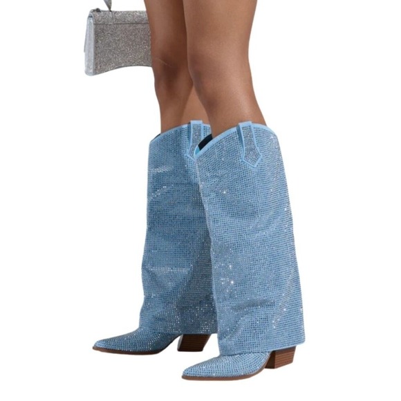 Azalea Wang Shoes - AZALEA WANG Banian Knee High Rhinestone Denim Western Boot 8.5 NWT